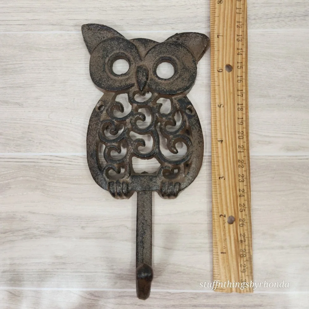 Cast Iron Owl Wall Hook, Home Or Patio, Distressed Brown 7